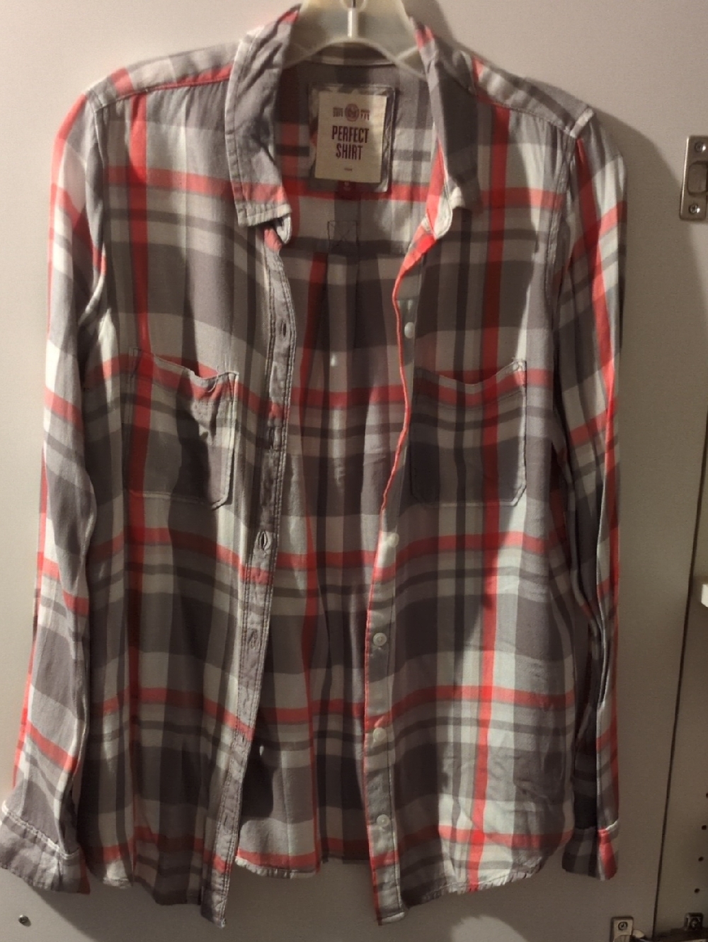 SO Gray and Coral Plaid Button-Down Shirt